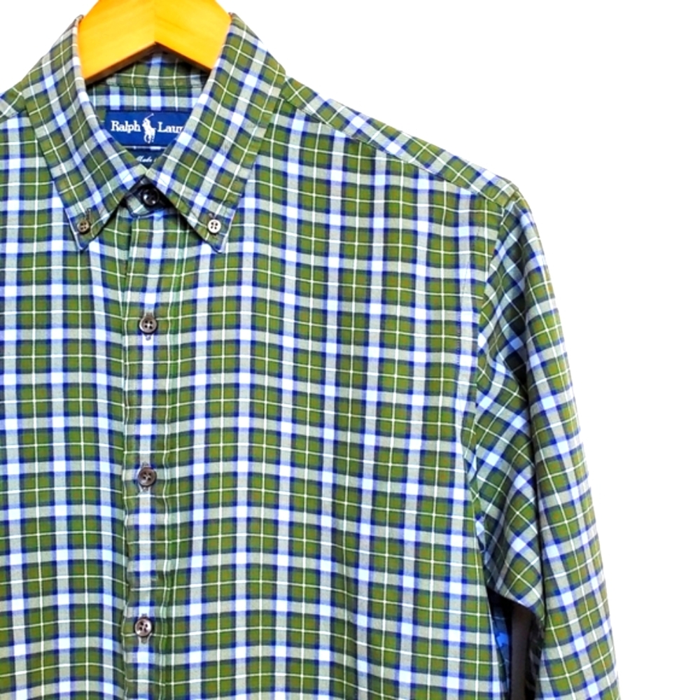 Ralph Lauren Mens Long Sleeve Button Down Shirt Green Blue Plaid Medium